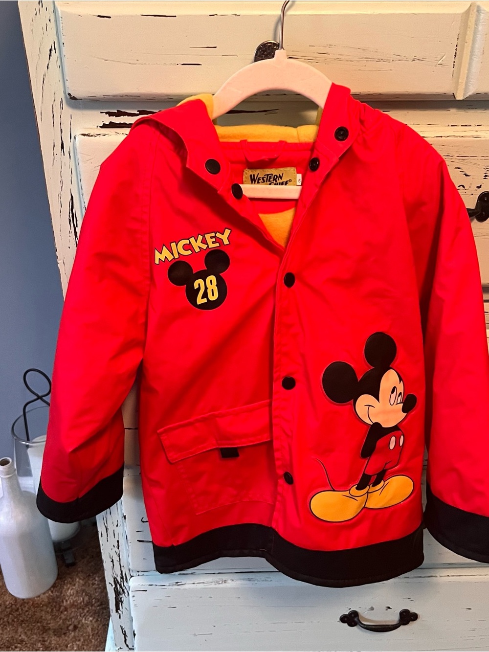 Western Chief Red Mickey Mouse Kids Raincoat with Yellow Lining. Size 5